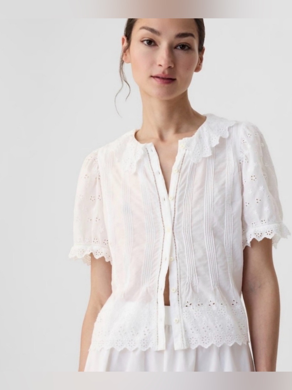 White Eyelet Button-Front Short Sleeve Top